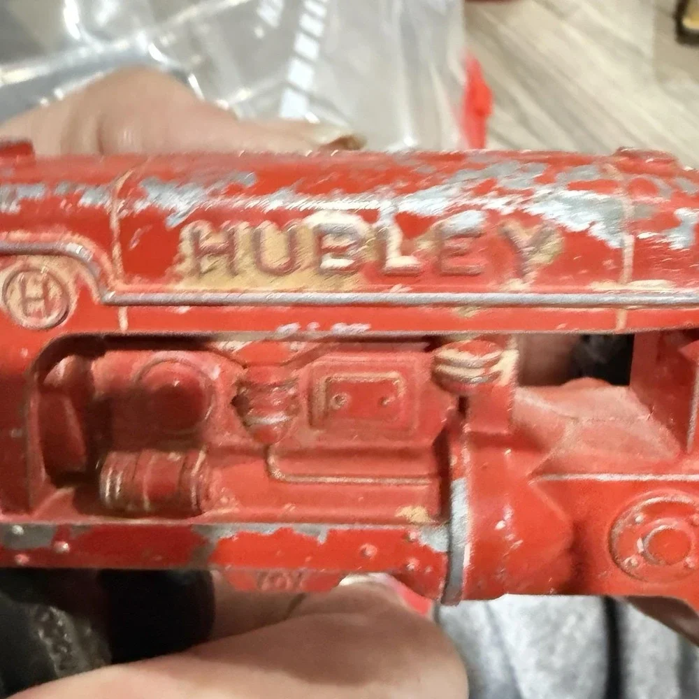 Vintage Hubley Kiddie Toy Logging Truck Orange Fire trucks Tractor Etc Lot